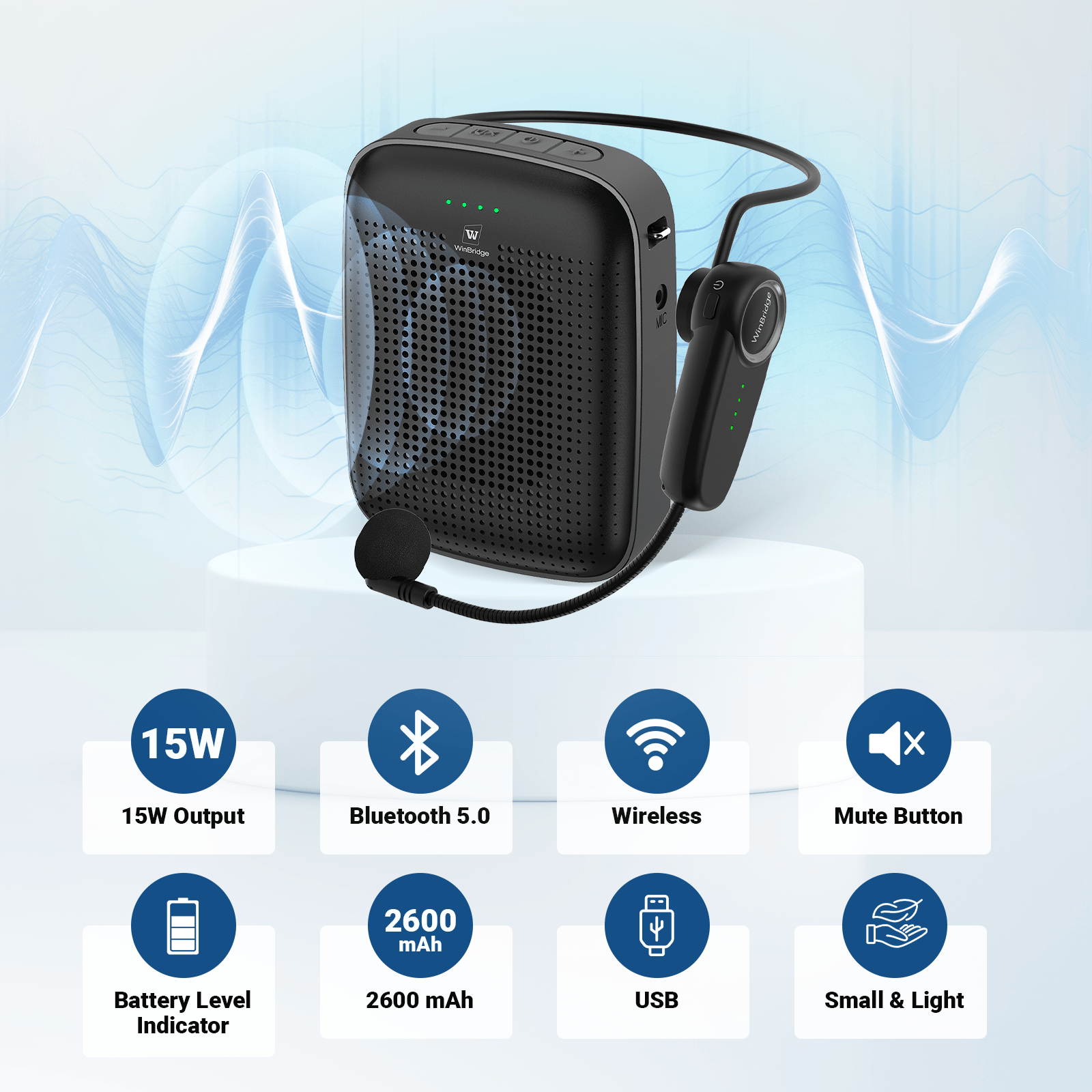 WinBridge A002 Wireless Bluetooth Voice Amplifier for Teachers – 15W Portable Mini Amplifier with Wireless Microphone Headset, Personal Mic for Classroom, Teaching, Training & Public Speaking - WinBridge