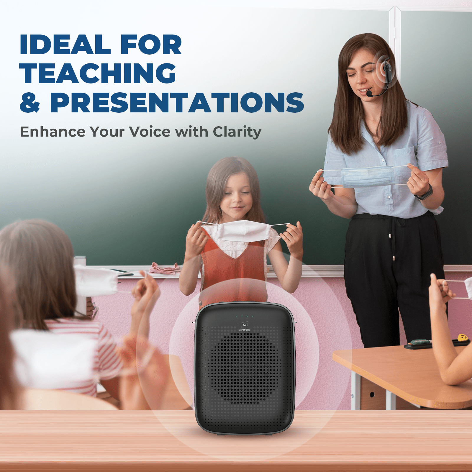 WinBridge A002 Wireless Bluetooth Voice Amplifier for Teachers – 15W Portable Mini Amplifier with Wireless Microphone Headset, Personal Mic for Classroom, Teaching, Training & Public Speaking - WinBridge