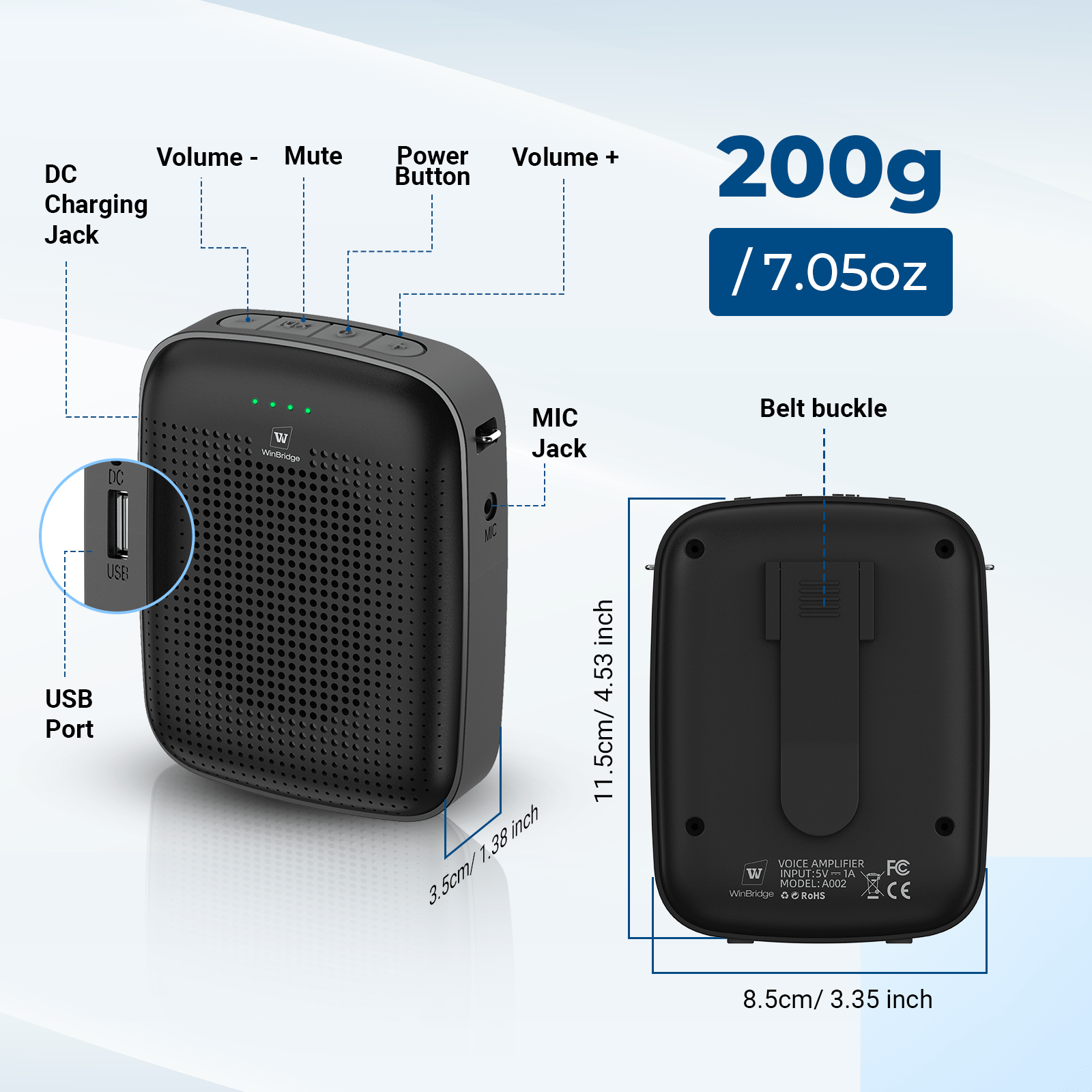 WinBridge A002 Wireless Bluetooth Voice Amplifier for Teachers – 15W Portable Mini Amplifier with Wireless Microphone Headset, Personal Mic for Classroom, Teaching, Training & Public Speaking - WinBridge
