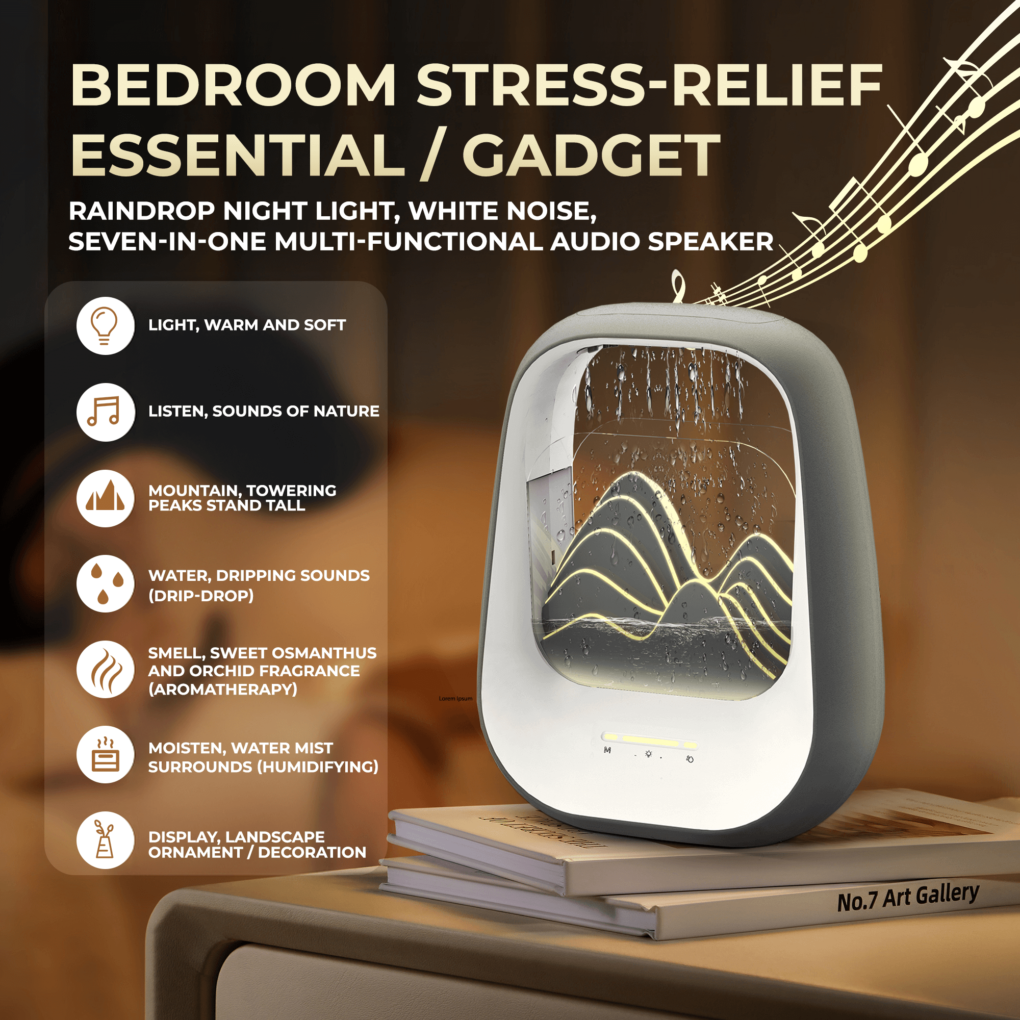 WinBridge Bluetooth Speaker with Humidifier - Wireless Speaker with Water Drip, LED Night Lights, Raindrop Sounds for Sleep & Bedroom Relaxation - WinBridge