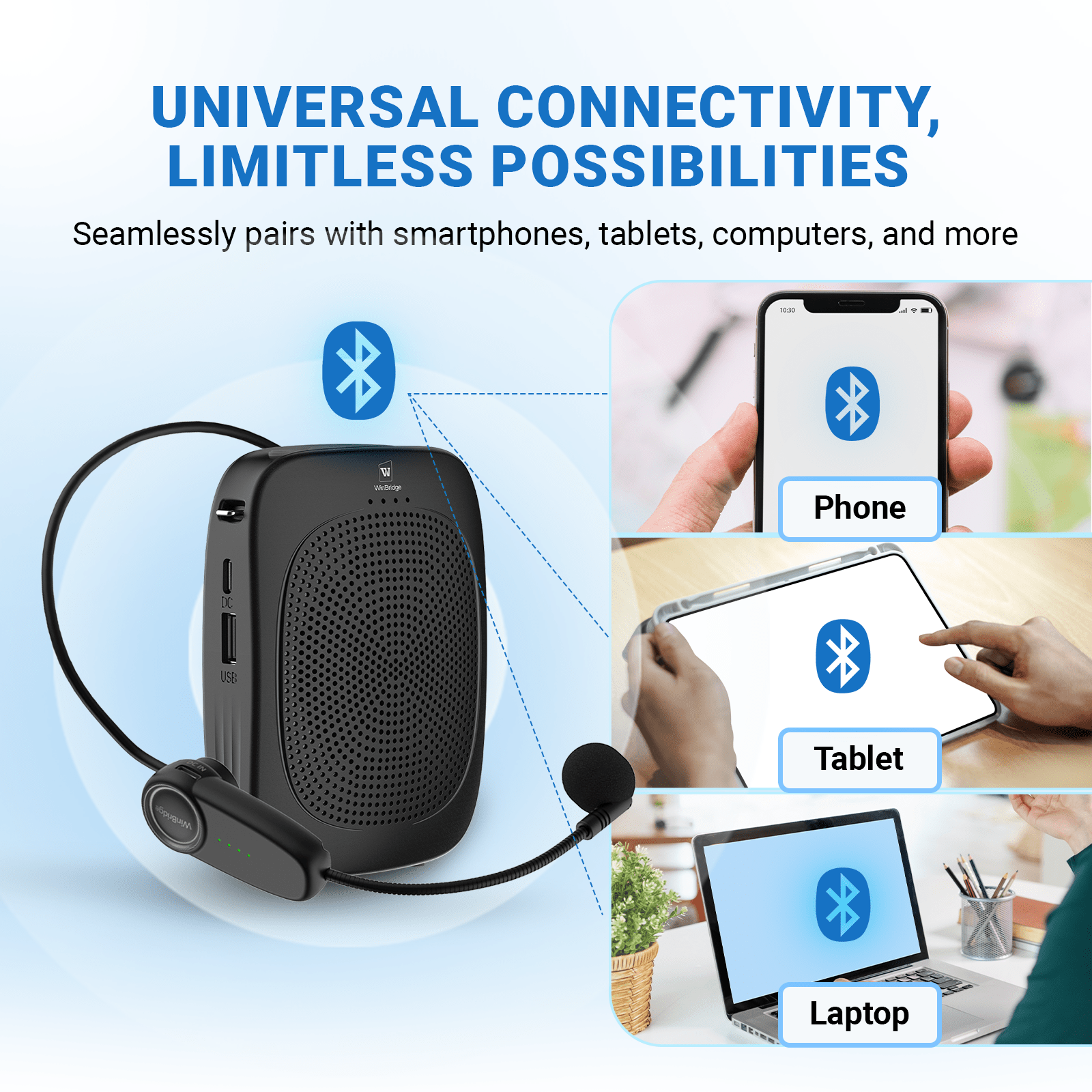 WinBridge C002 Wireless Voice Amplifier with Headset Microphone,Personal Wireless Bluetooth Amplifier with Mic,Teachers Microphone Wireless,Mini Megaphone Speaker,Portable PA System for Classroom - WinBridge