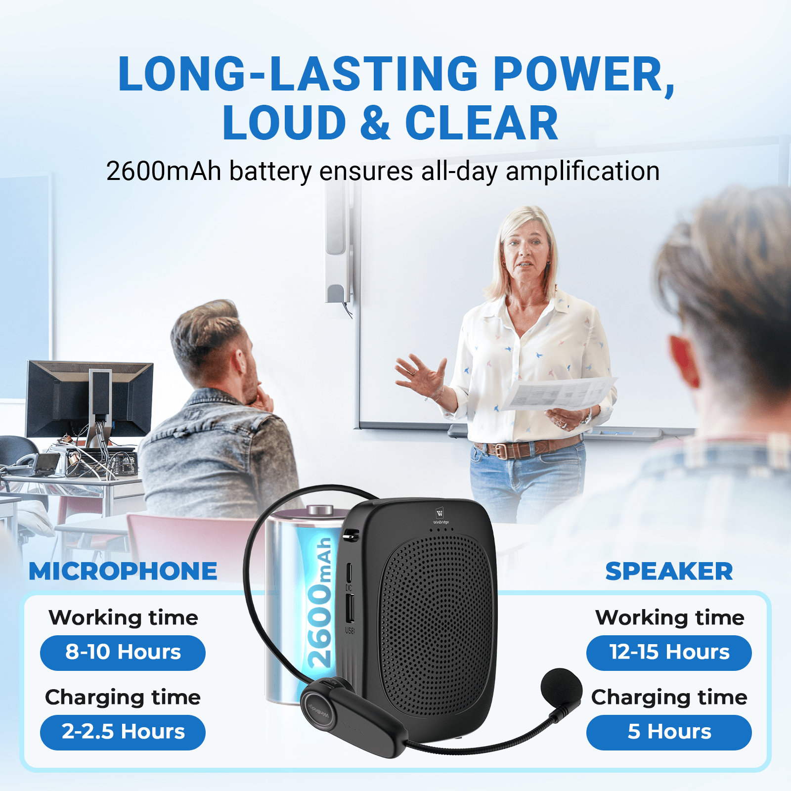 WinBridge C002 Wireless Voice Amplifier with Headset Microphone,Personal Wireless Bluetooth Amplifier with Mic,Teachers Microphone Wireless,Mini Megaphone Speaker,Portable PA System for Classroom - WinBridge