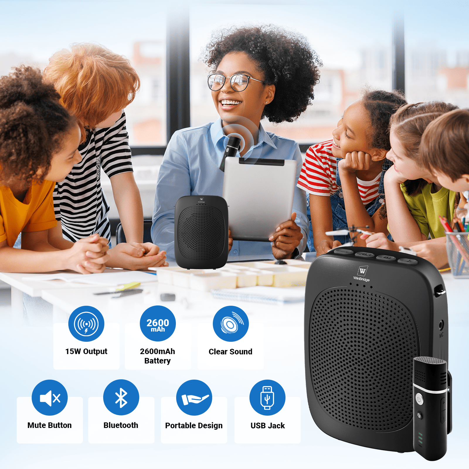 WinBridge C006 Bluetooth Voice Amplifier with Wireless Lavalier Lapel Microphone for Teachers, Portable Speaker Clip - On Microphone, Mini Megaphone PA System for Classroom/Yoga/Conference - WinBridge