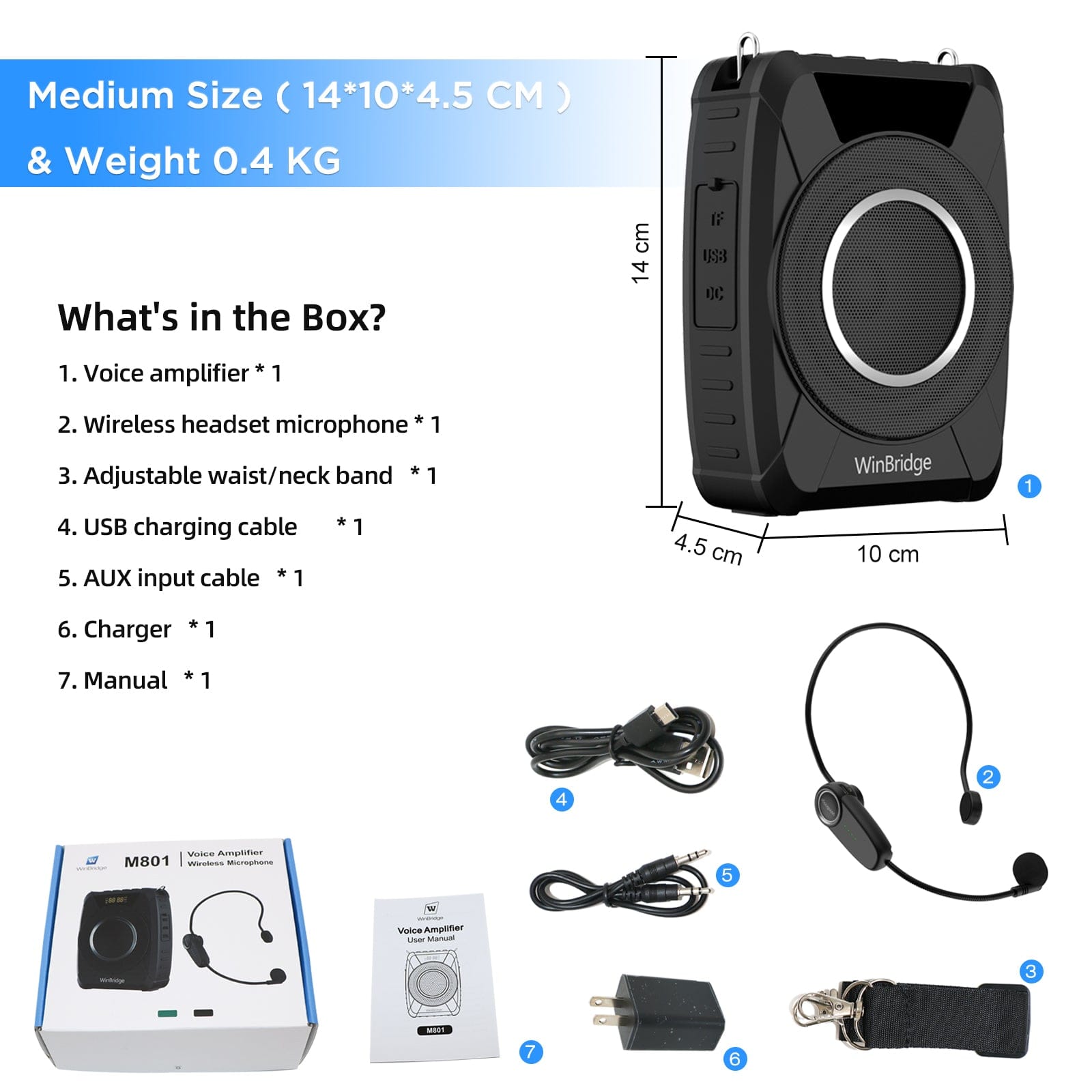 WinBridge M801 20W Voice Amplifier With Wireless Microphone Headset Waterproof with Siren Noise Feature - WinBridge
