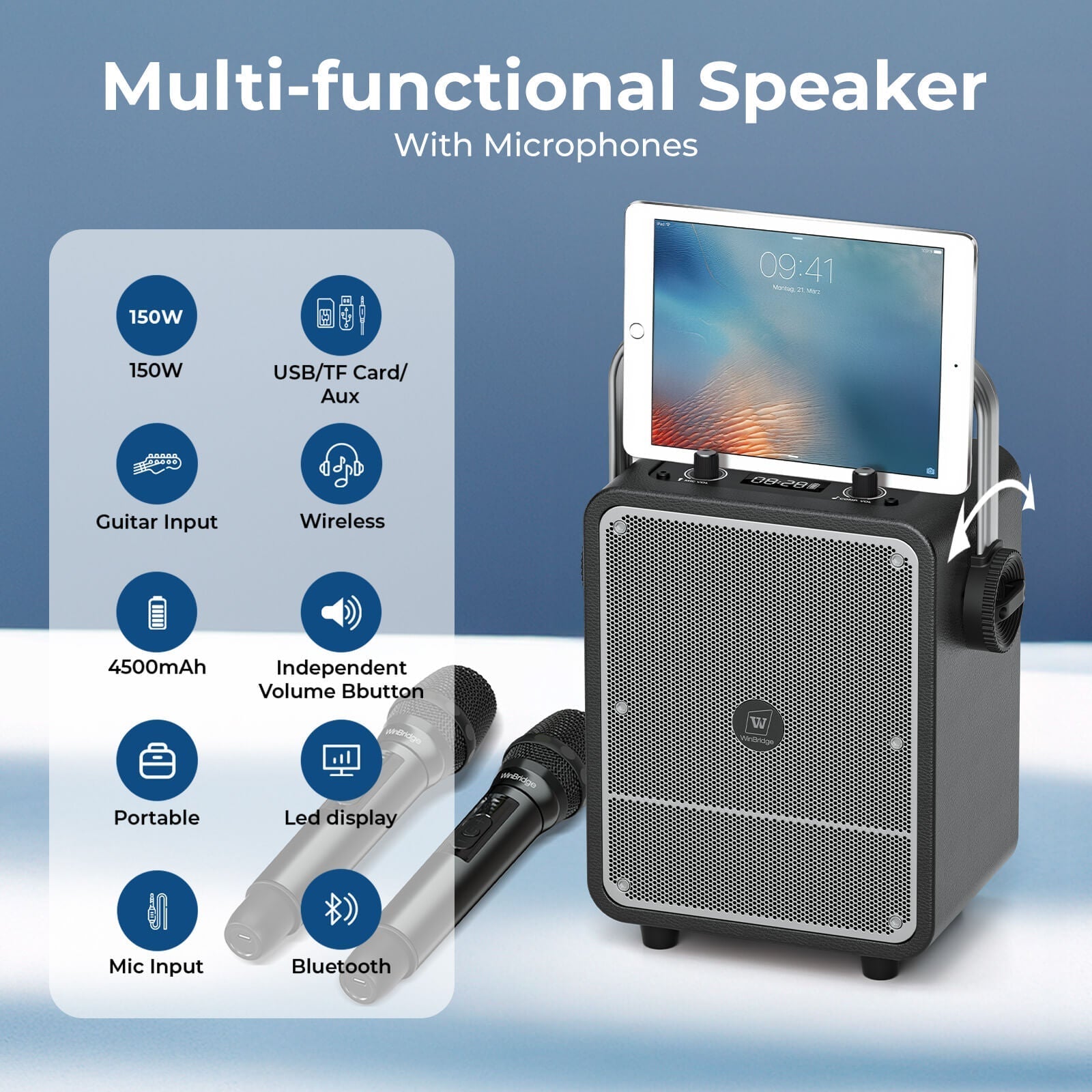 WinBridge S200 150W High - Power Karaoke Machine with 2 Wireless Microphones, Premium Voice Amplifier/PA System, Portable Bluetooth Speaker with Microphone for Party, Outdoor, Classroom, Singing, Guitar Amp - WinBridge
