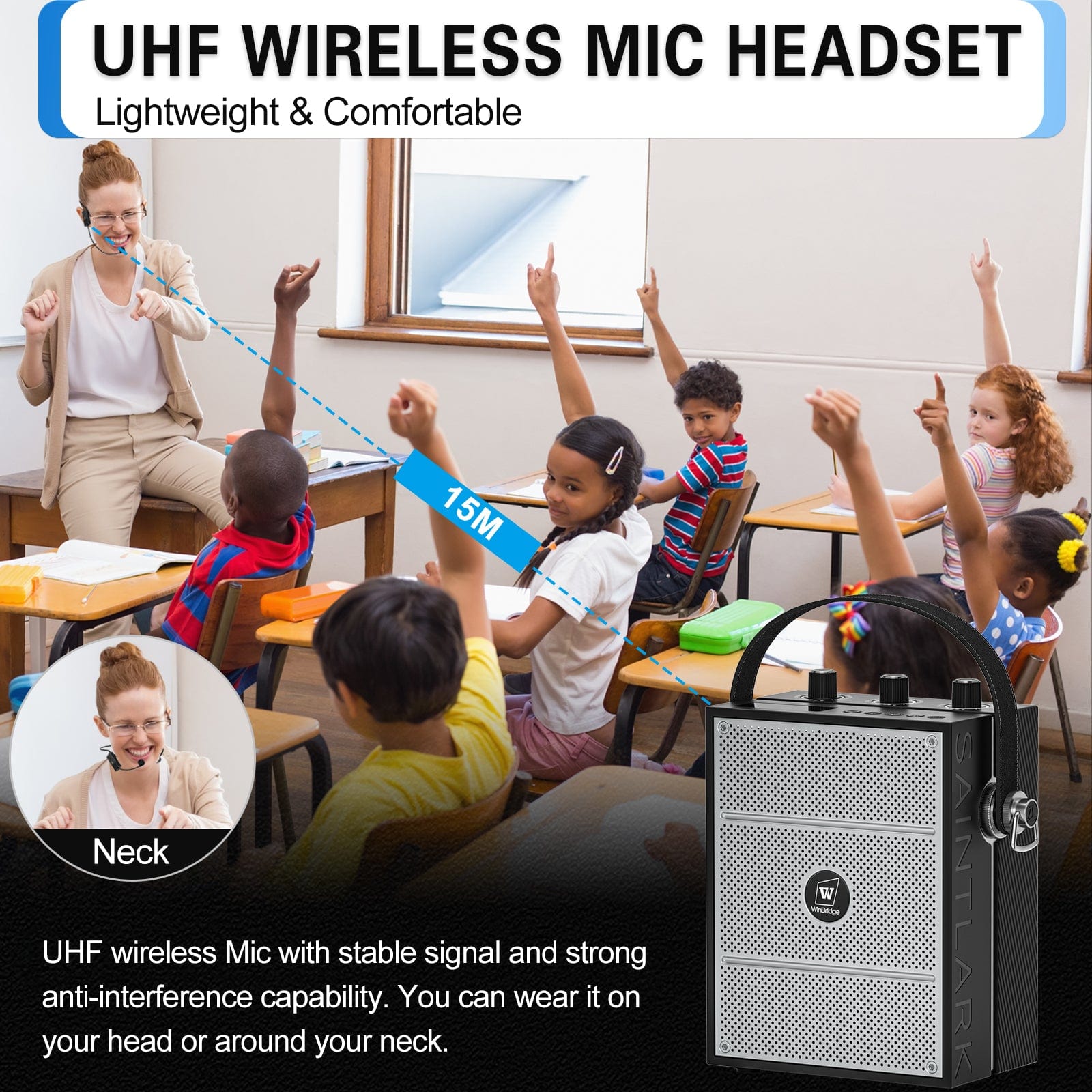 WinBridge S98 40W Wireless Voice Amplifier Portable Bluetooth 5.3 PA System with UHF Wireless Mic Headset, Echo, Easy Volume Control, Megaphone Speaker and Microphone Set for Teachers, Indoor/Outdoor Events - WinBridge