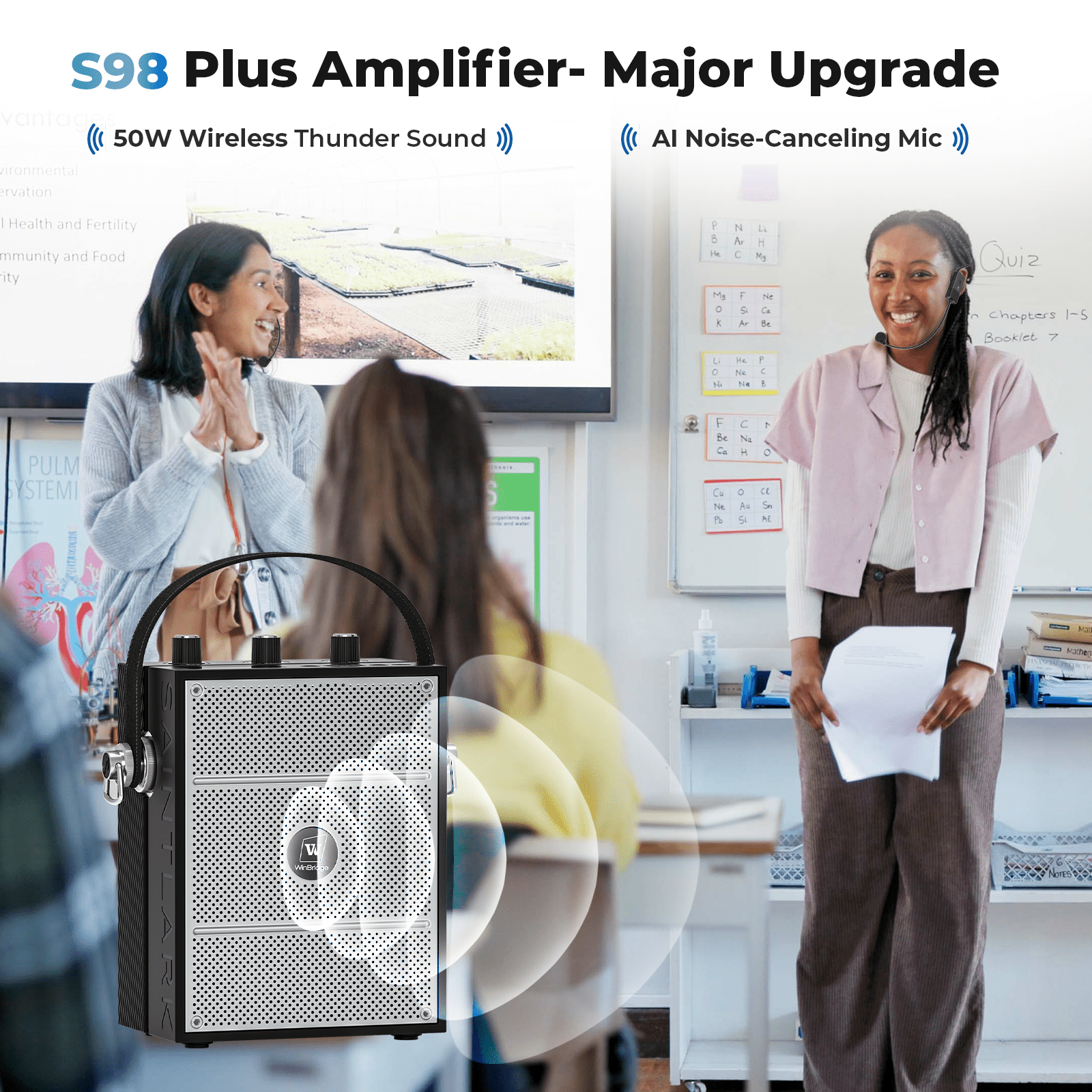 WinBridge S98 Plus 50W Voice Amplifier with 2 Headset Microphones,Microphone with Speaker, Portable Sound System with Microphone,Bluetooth Speaker Megaphone for Teachers, Classroom, Outdoor, Events - WinBridge