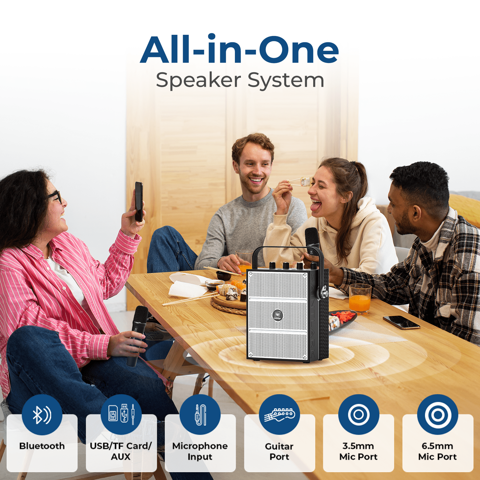 WinBridge S99 100W Powerful Wireless Voice Amplifier with Two Handheld Microphones for Teachers,Portable PA System with Sound Effects, Karaoke Speaker and Mic System Support Guitar Play - WinBridge