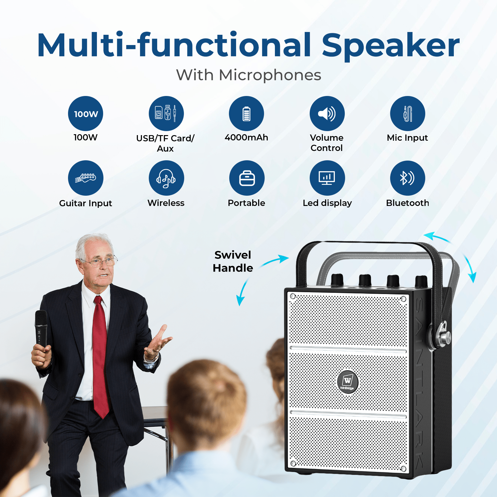 WinBridge S99 100W Powerful Wireless Voice Amplifier with Two Handheld Microphones for Teachers,Portable PA System with Sound Effects, Karaoke Speaker and Mic System Support Guitar Play - WinBridge