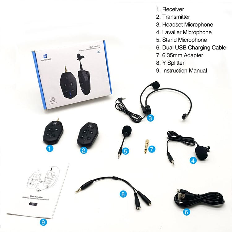 WinBridge U7 UHF Wireless Lavalier Microphone with Lapel Microphone, Headset Mic and Stand Mic - WinBridge