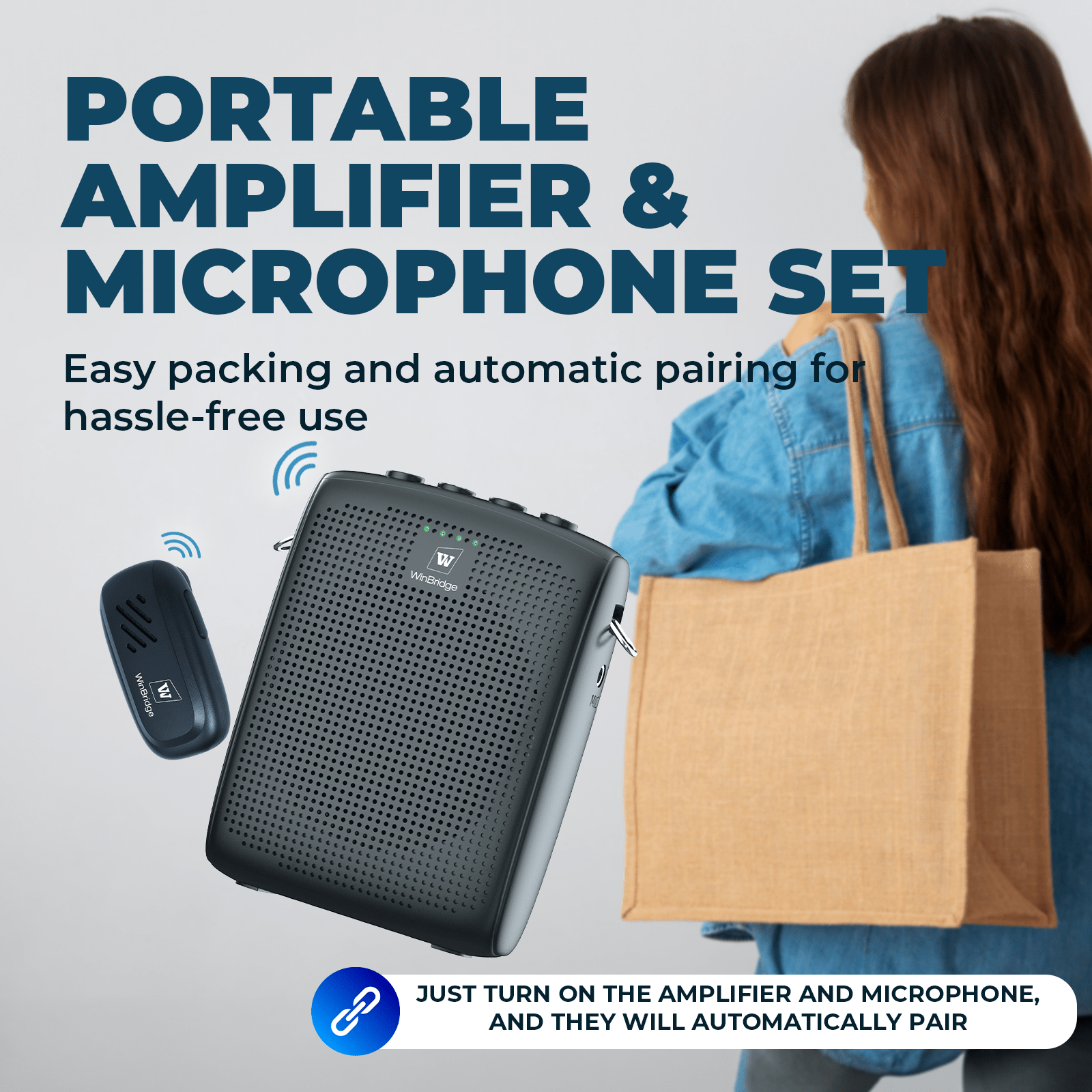 WinBridge WB005 Wireles Voice Amplifier with Bluetooth Lavalier Lapel Microphone for Teachers,15W Portable Speaker and Wireless Clip On Microphone System, Mini Megaphone Speaker Mic Set 2600mAh - WinBridge